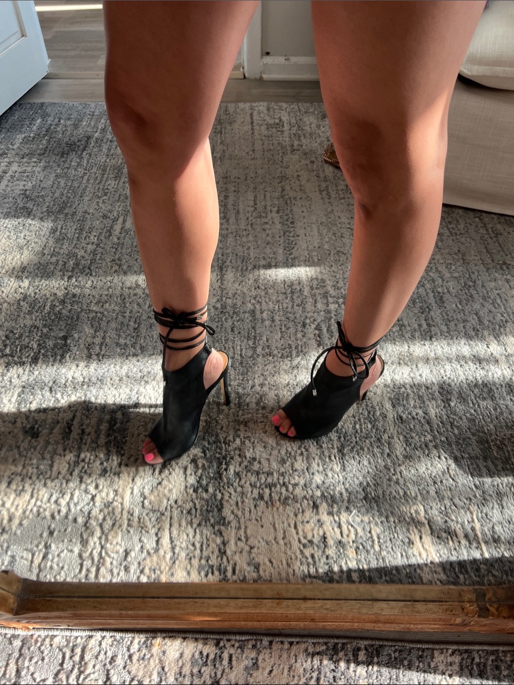 Top Shop Black Leather Lace-Up Peep Toe Wrap Sandal Heel - Picture 3 of 10